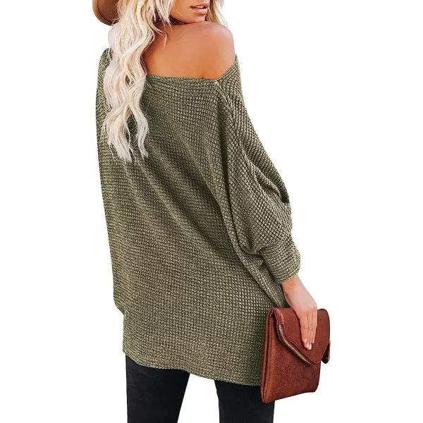 imageANRABESS Women Casual Loose Off Shoulder Long Batwing Sleeve Waffle Knit Oversized Pullover Shirt SweatersArmy Green