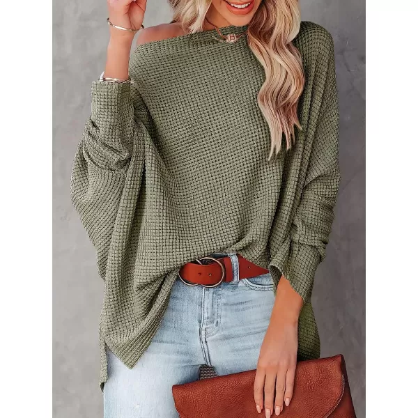 imageANRABESS Women Casual Loose Off Shoulder Long Batwing Sleeve Waffle Knit Oversized Pullover Shirt SweatersArmy Green