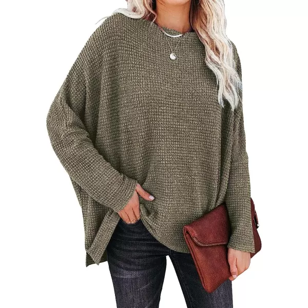 imageANRABESS Women Casual Loose Off Shoulder Long Batwing Sleeve Waffle Knit Oversized Pullover Shirt SweatersArmy Green