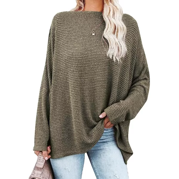 imageANRABESS Women Casual Loose Off Shoulder Long Batwing Sleeve Waffle Knit Oversized Pullover Shirt SweatersArmy Green