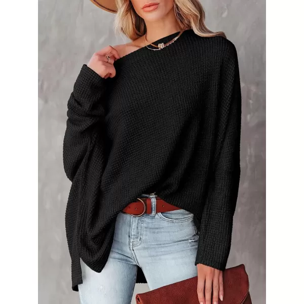 imageANRABESS Women Casual Loose Off Shoulder Long Batwing Sleeve Waffle Knit Oversized Pullover Shirt SweatersBlack
