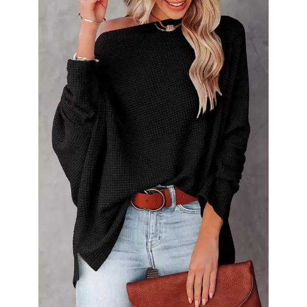 imageANRABESS Women Casual Loose Off Shoulder Long Batwing Sleeve Waffle Knit Oversized Pullover Shirt SweatersBlack