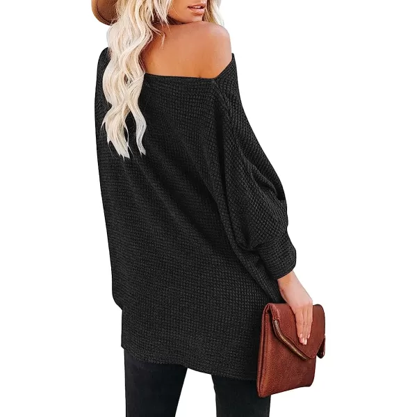 imageANRABESS Women Casual Loose Off Shoulder Long Batwing Sleeve Waffle Knit Oversized Pullover Shirt SweatersBlack