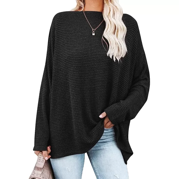 imageANRABESS Women Casual Loose Off Shoulder Long Batwing Sleeve Waffle Knit Oversized Pullover Shirt SweatersBlack