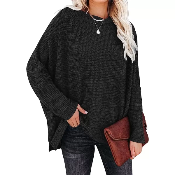 imageANRABESS Women Casual Loose Off Shoulder Long Batwing Sleeve Waffle Knit Oversized Pullover Shirt SweatersBlack