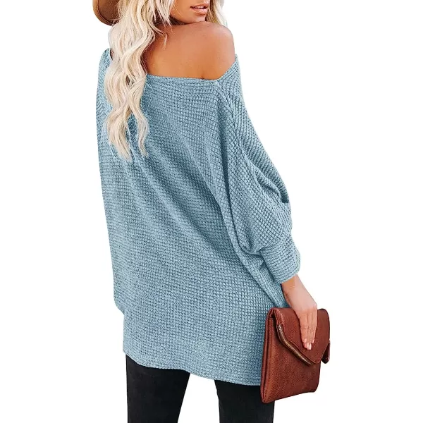 imageANRABESS Women Casual Loose Off Shoulder Long Batwing Sleeve Waffle Knit Oversized Pullover Shirt SweatersBlue