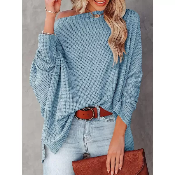 imageANRABESS Women Casual Loose Off Shoulder Long Batwing Sleeve Waffle Knit Oversized Pullover Shirt SweatersBlue