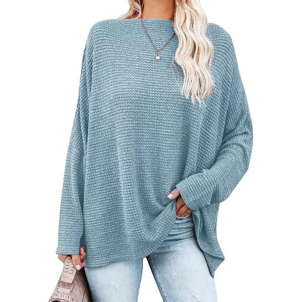 imageANRABESS Women Casual Loose Off Shoulder Long Batwing Sleeve Waffle Knit Oversized Pullover Shirt SweatersBlue