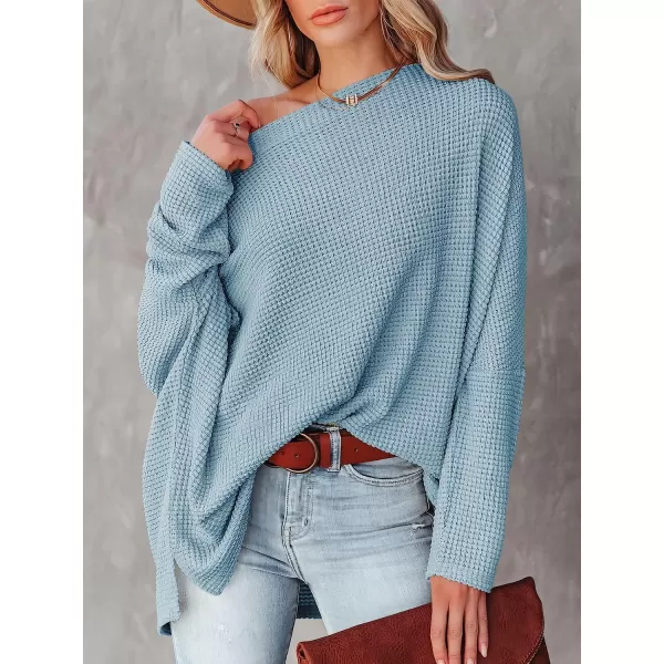 imageANRABESS Women Casual Loose Off Shoulder Long Batwing Sleeve Waffle Knit Oversized Pullover Shirt SweatersBlue