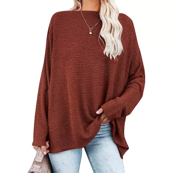 imageANRABESS Women Casual Loose Off Shoulder Long Batwing Sleeve Waffle Knit Oversized Pullover Shirt SweatersBrick