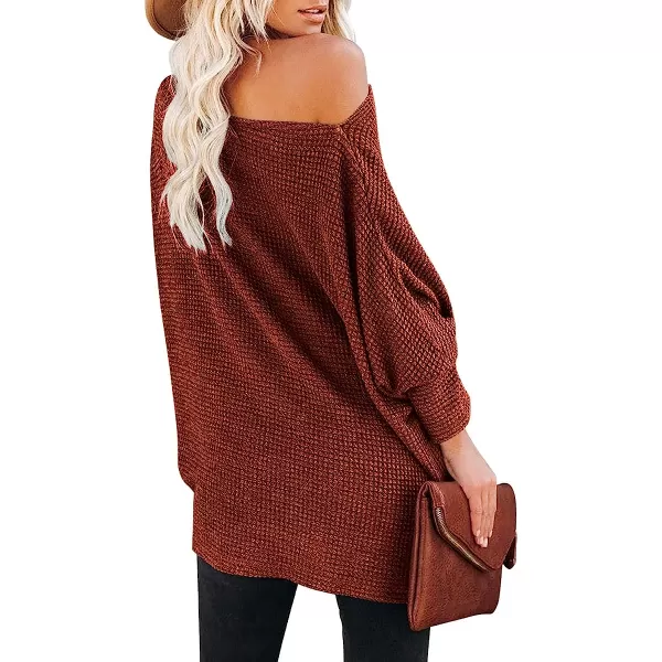 imageANRABESS Women Casual Loose Off Shoulder Long Batwing Sleeve Waffle Knit Oversized Pullover Shirt SweatersBrick