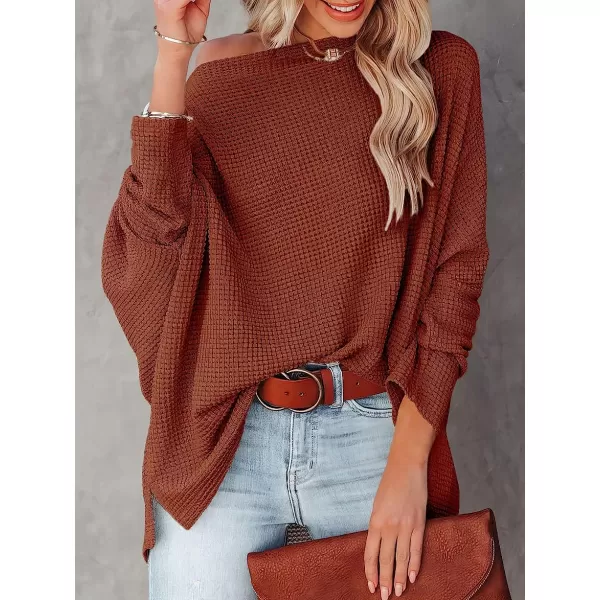 imageANRABESS Women Casual Loose Off Shoulder Long Batwing Sleeve Waffle Knit Oversized Pullover Shirt SweatersBrick