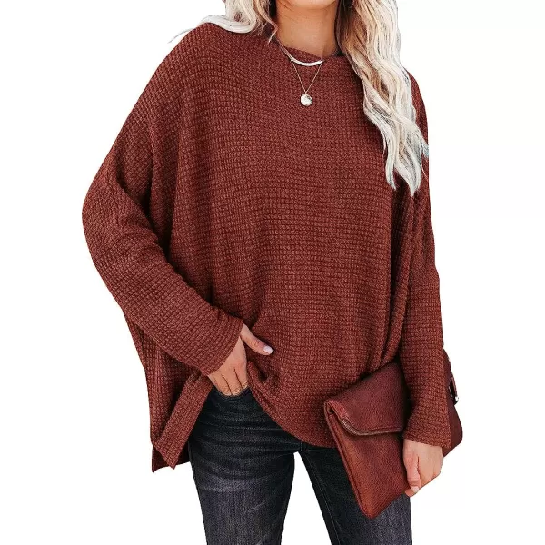 imageANRABESS Women Casual Loose Off Shoulder Long Batwing Sleeve Waffle Knit Oversized Pullover Shirt SweatersBrick