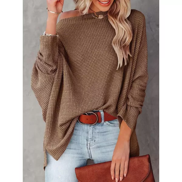 imageANRABESS Women Casual Loose Off Shoulder Long Batwing Sleeve Waffle Knit Oversized Pullover Shirt SweatersBrown
