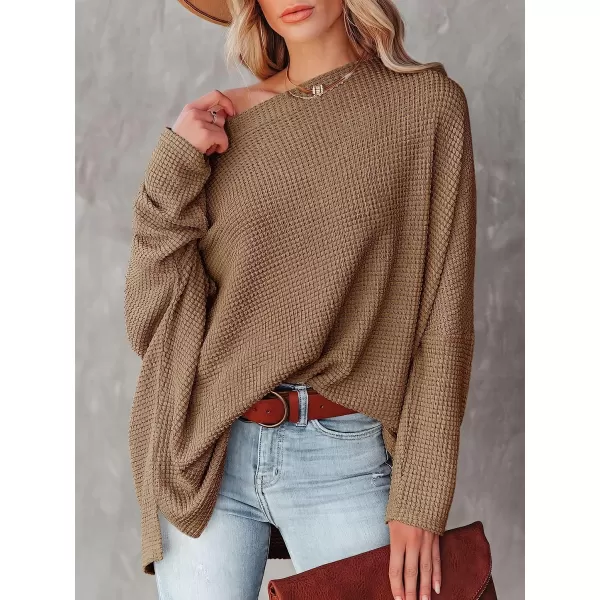 imageANRABESS Women Casual Loose Off Shoulder Long Batwing Sleeve Waffle Knit Oversized Pullover Shirt SweatersBrown