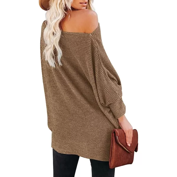 imageANRABESS Women Casual Loose Off Shoulder Long Batwing Sleeve Waffle Knit Oversized Pullover Shirt SweatersBrown