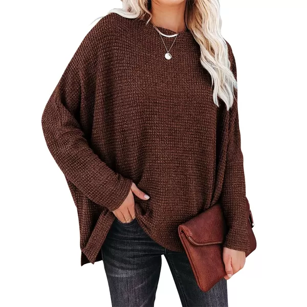 imageANRABESS Women Casual Loose Off Shoulder Long Batwing Sleeve Waffle Knit Oversized Pullover Shirt SweatersCoffee