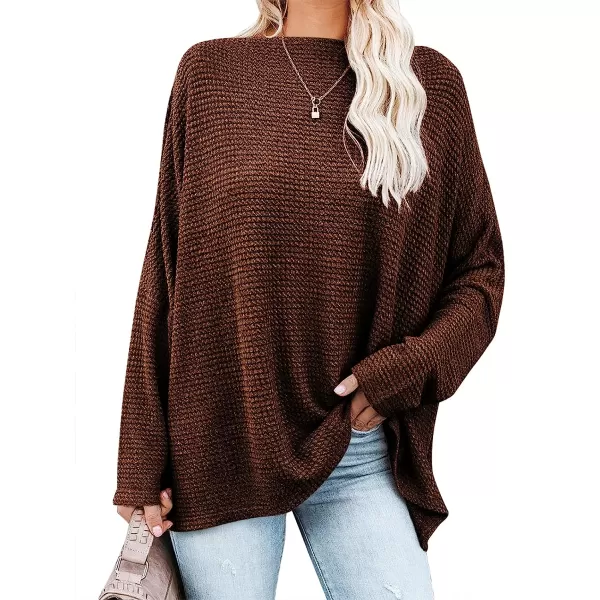 imageANRABESS Women Casual Loose Off Shoulder Long Batwing Sleeve Waffle Knit Oversized Pullover Shirt SweatersCoffee