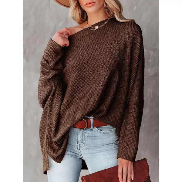 imageANRABESS Women Casual Loose Off Shoulder Long Batwing Sleeve Waffle Knit Oversized Pullover Shirt SweatersCoffee