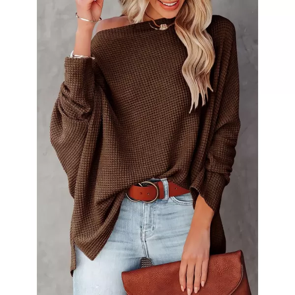 imageANRABESS Women Casual Loose Off Shoulder Long Batwing Sleeve Waffle Knit Oversized Pullover Shirt SweatersCoffee