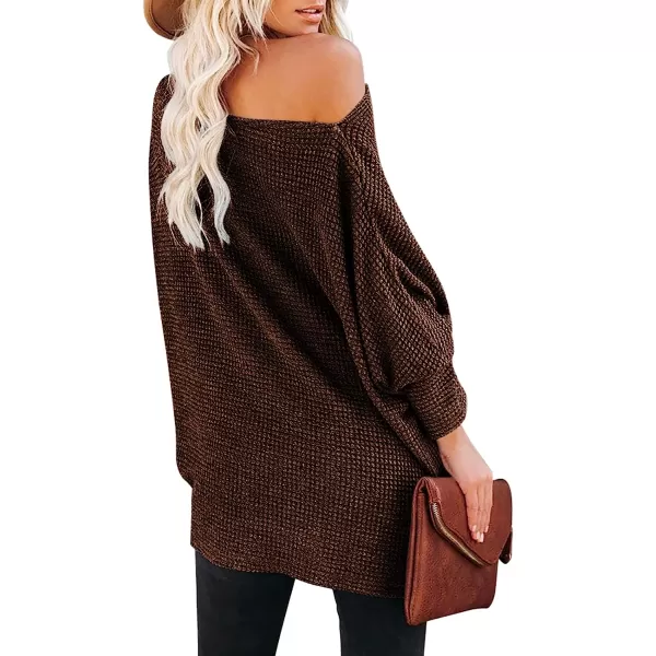imageANRABESS Women Casual Loose Off Shoulder Long Batwing Sleeve Waffle Knit Oversized Pullover Shirt SweatersCoffee