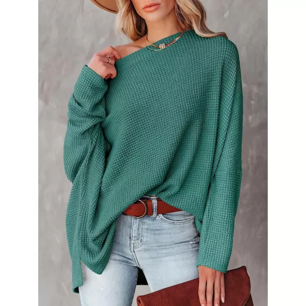imageANRABESS Women Casual Loose Off Shoulder Long Batwing Sleeve Waffle Knit Oversized Pullover Shirt SweatersLake