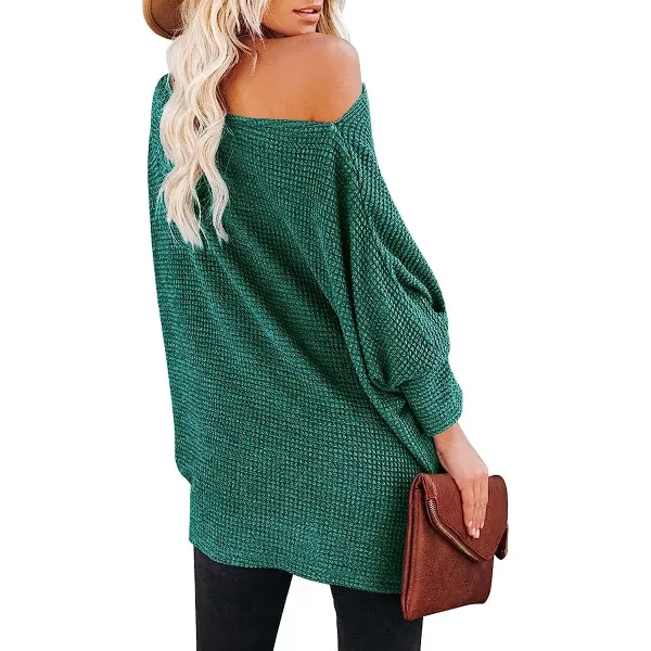 imageANRABESS Women Casual Loose Off Shoulder Long Batwing Sleeve Waffle Knit Oversized Pullover Shirt SweatersLake