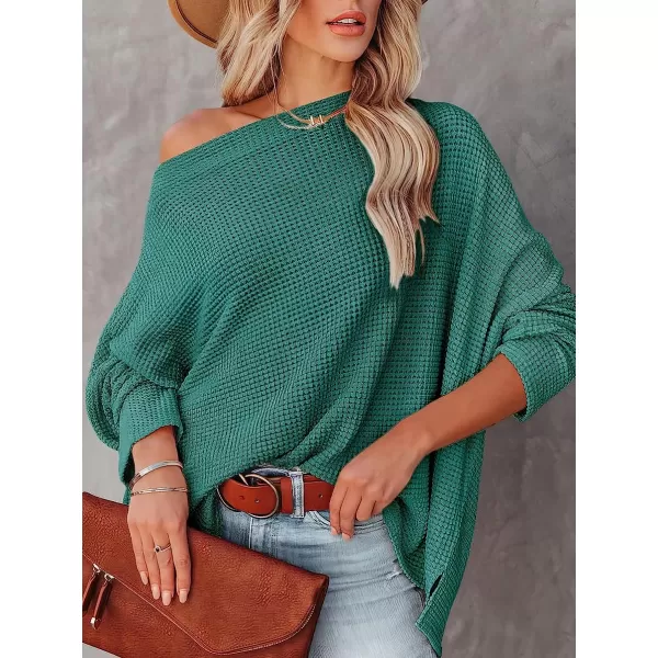 imageANRABESS Women Casual Loose Off Shoulder Long Batwing Sleeve Waffle Knit Oversized Pullover Shirt SweatersLake