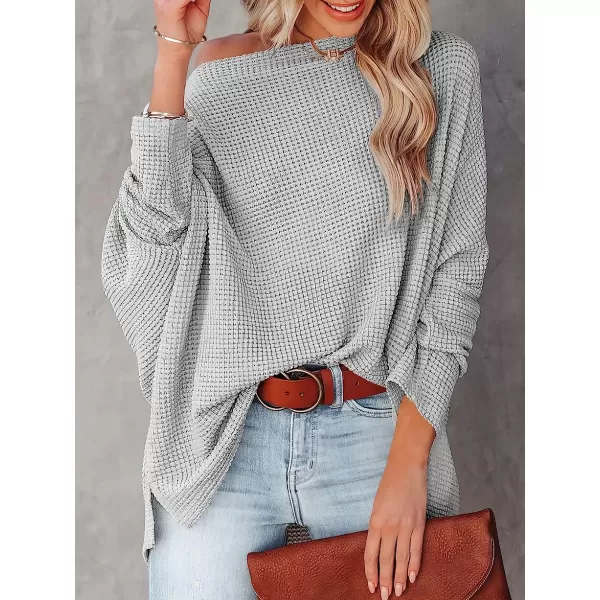 imageANRABESS Women Casual Loose Off Shoulder Long Batwing Sleeve Waffle Knit Oversized Pullover Shirt SweatersLight Gray