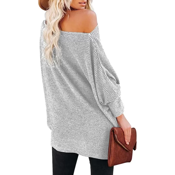 imageANRABESS Women Casual Loose Off Shoulder Long Batwing Sleeve Waffle Knit Oversized Pullover Shirt SweatersLight Gray