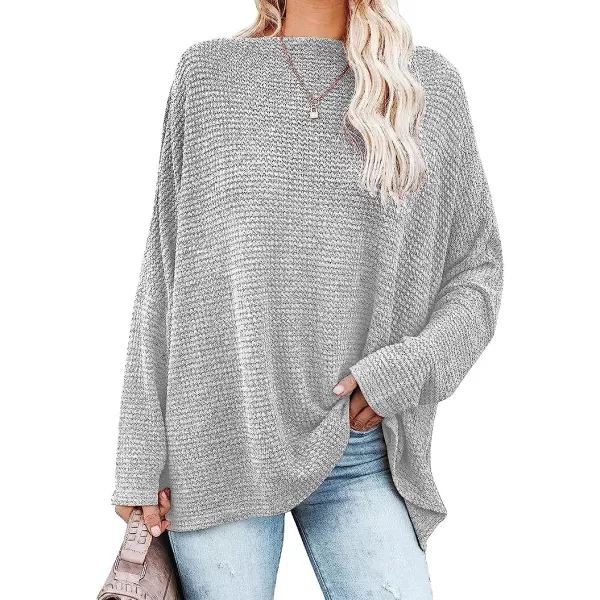 imageANRABESS Women Casual Loose Off Shoulder Long Batwing Sleeve Waffle Knit Oversized Pullover Shirt SweatersLight Gray