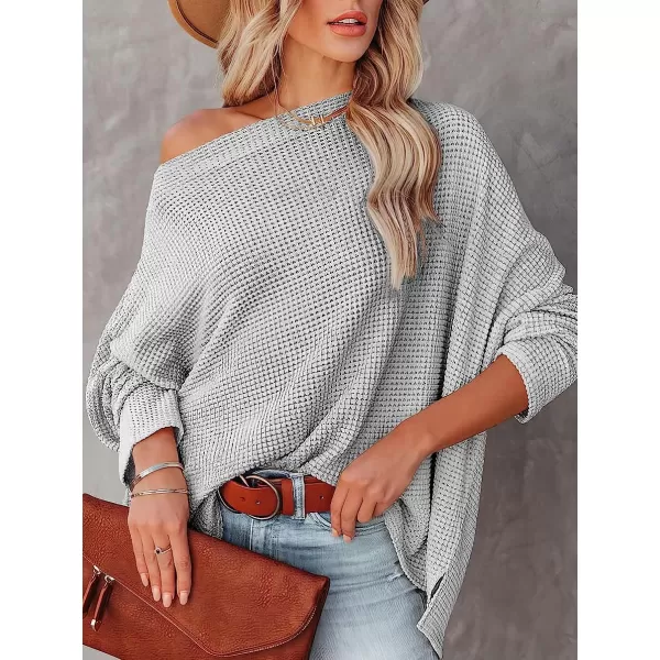 imageANRABESS Women Casual Loose Off Shoulder Long Batwing Sleeve Waffle Knit Oversized Pullover Shirt SweatersLight Gray