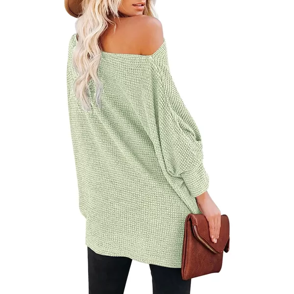 imageANRABESS Women Casual Loose Off Shoulder Long Batwing Sleeve Waffle Knit Oversized Pullover Shirt SweatersLight Green