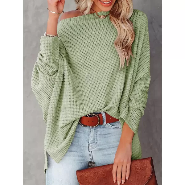 imageANRABESS Women Casual Loose Off Shoulder Long Batwing Sleeve Waffle Knit Oversized Pullover Shirt SweatersLight Green