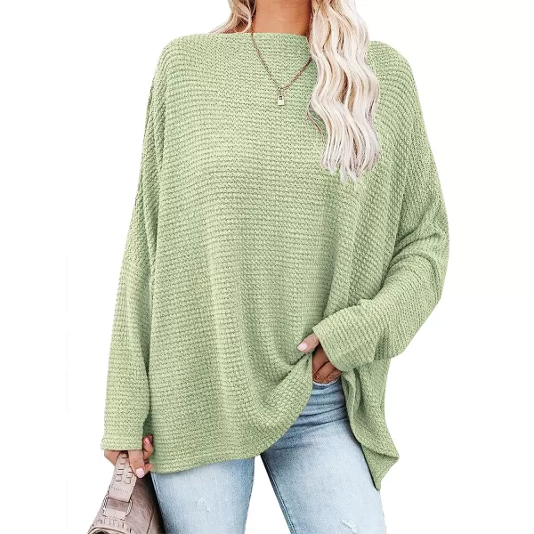 imageANRABESS Women Casual Loose Off Shoulder Long Batwing Sleeve Waffle Knit Oversized Pullover Shirt SweatersLight Green