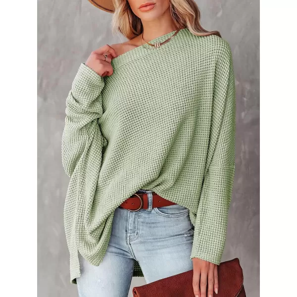 imageANRABESS Women Casual Loose Off Shoulder Long Batwing Sleeve Waffle Knit Oversized Pullover Shirt SweatersLight Green