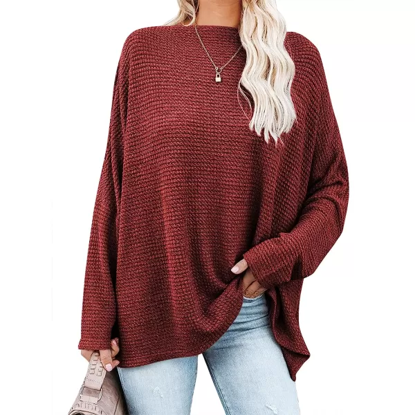 imageANRABESS Women Casual Loose Off Shoulder Long Batwing Sleeve Waffle Knit Oversized Pullover Shirt SweatersRed
