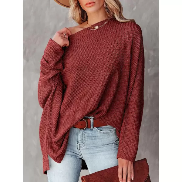 imageANRABESS Women Casual Loose Off Shoulder Long Batwing Sleeve Waffle Knit Oversized Pullover Shirt SweatersRed