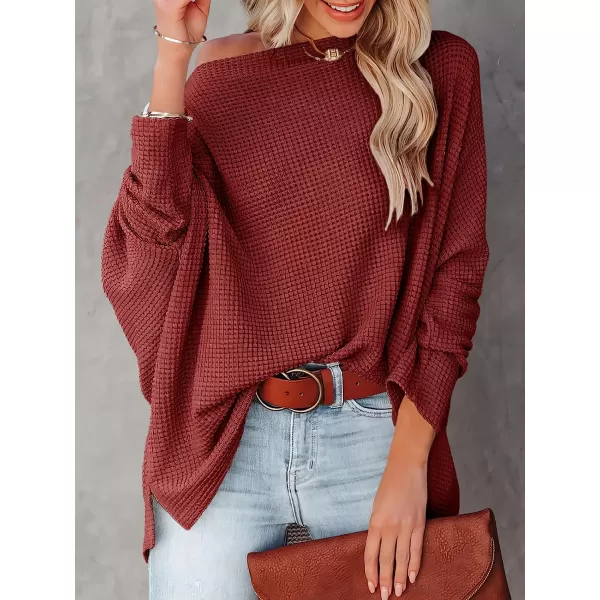 imageANRABESS Women Casual Loose Off Shoulder Long Batwing Sleeve Waffle Knit Oversized Pullover Shirt SweatersRed