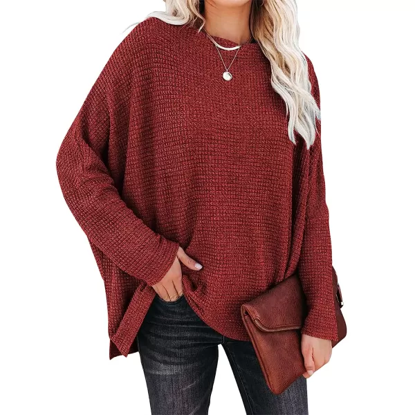 imageANRABESS Women Casual Loose Off Shoulder Long Batwing Sleeve Waffle Knit Oversized Pullover Shirt SweatersRed