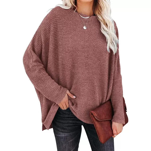 imageANRABESS Women Casual Loose Off Shoulder Long Batwing Sleeve Waffle Knit Oversized Pullover Shirt SweatersRust