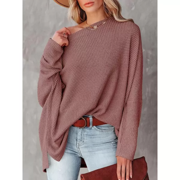 imageANRABESS Women Casual Loose Off Shoulder Long Batwing Sleeve Waffle Knit Oversized Pullover Shirt SweatersRust