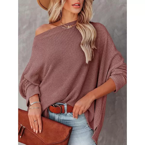 imageANRABESS Women Casual Loose Off Shoulder Long Batwing Sleeve Waffle Knit Oversized Pullover Shirt SweatersRust