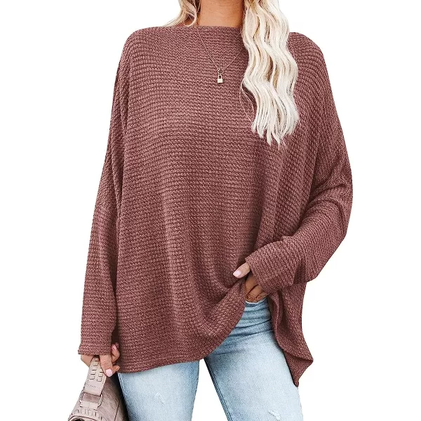 imageANRABESS Women Casual Loose Off Shoulder Long Batwing Sleeve Waffle Knit Oversized Pullover Shirt SweatersRust