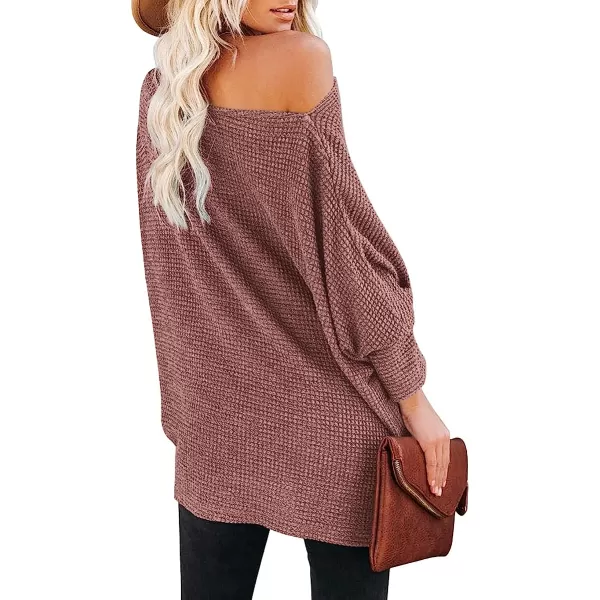 imageANRABESS Women Casual Loose Off Shoulder Long Batwing Sleeve Waffle Knit Oversized Pullover Shirt SweatersRust