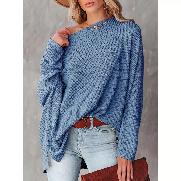 imageANRABESS Women Casual Loose Off Shoulder Long Batwing Sleeve Waffle Knit Oversized Pullover Shirt SweatersSky Blue