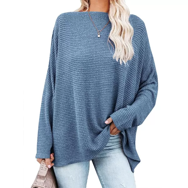 imageANRABESS Women Casual Loose Off Shoulder Long Batwing Sleeve Waffle Knit Oversized Pullover Shirt SweatersSky Blue