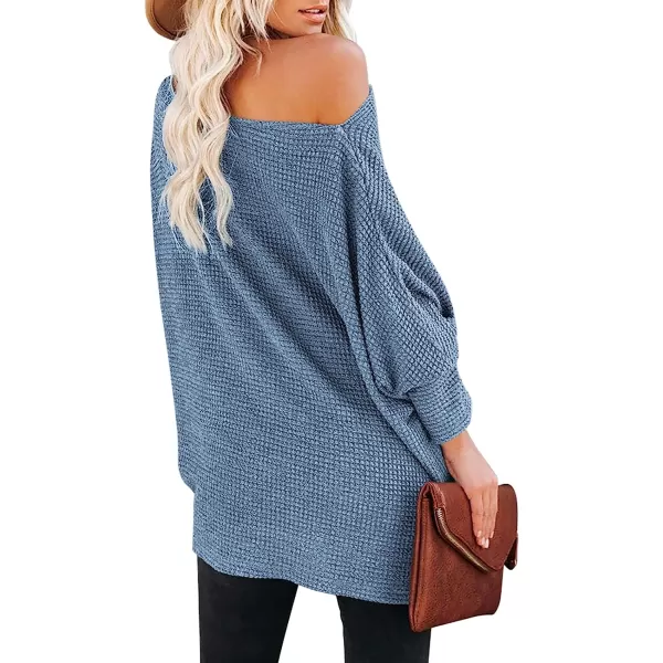 imageANRABESS Women Casual Loose Off Shoulder Long Batwing Sleeve Waffle Knit Oversized Pullover Shirt SweatersSky Blue