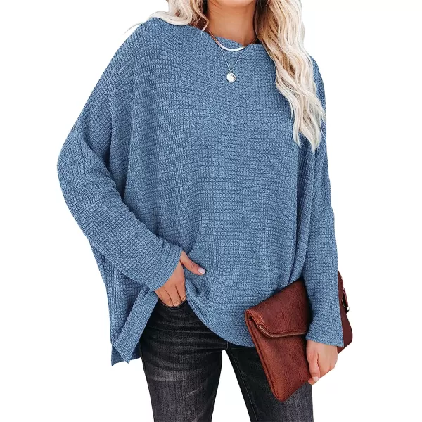 imageANRABESS Women Casual Loose Off Shoulder Long Batwing Sleeve Waffle Knit Oversized Pullover Shirt SweatersSky Blue
