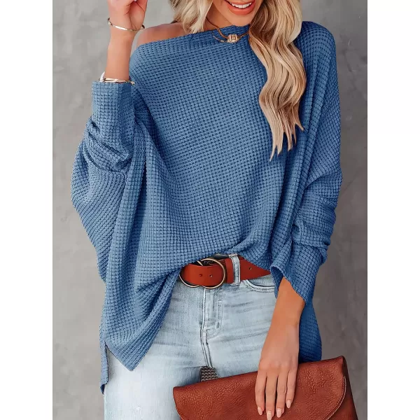imageANRABESS Women Casual Loose Off Shoulder Long Batwing Sleeve Waffle Knit Oversized Pullover Shirt SweatersSky Blue